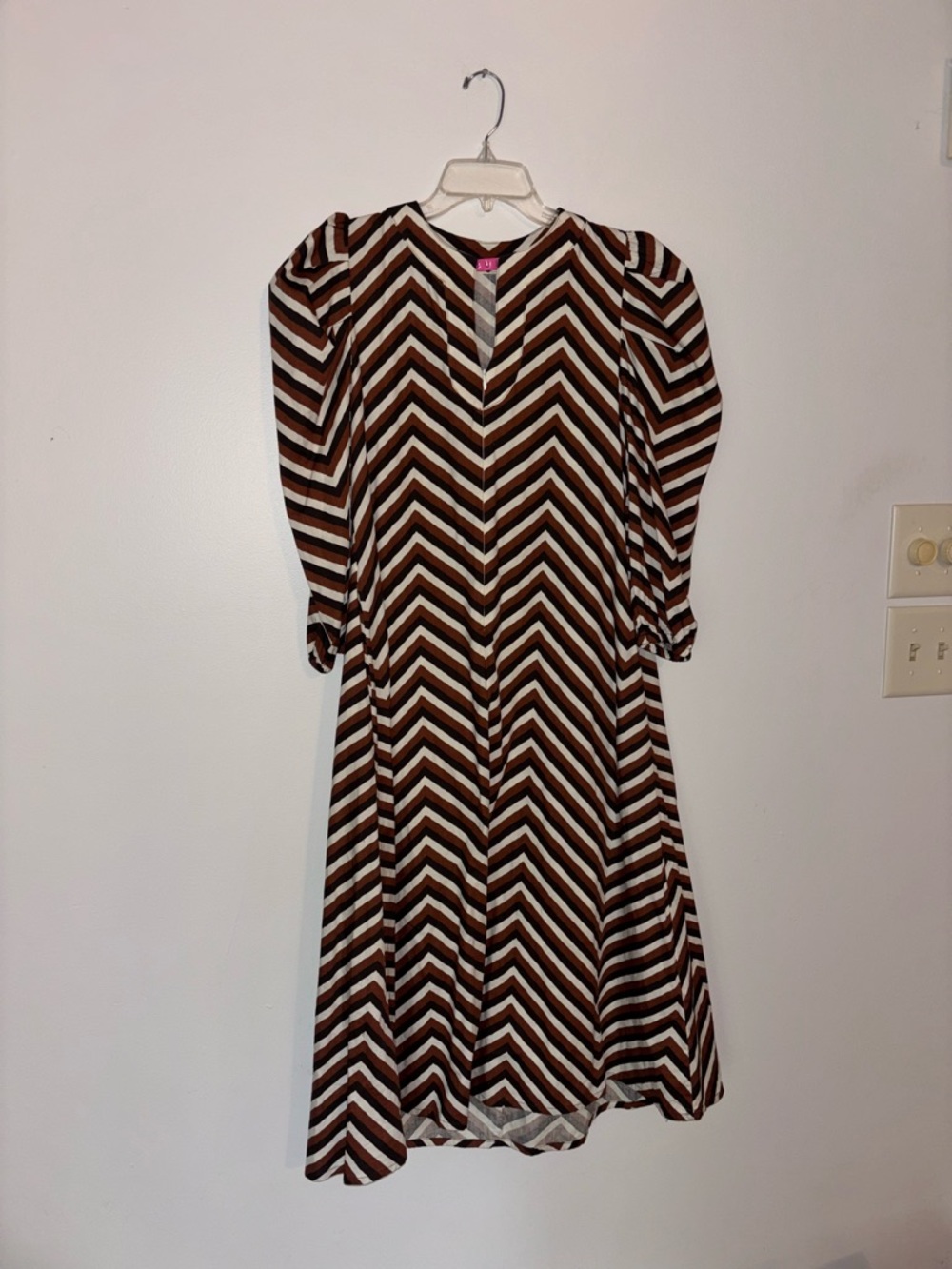 Striped Chevron Long-Sleeve Midi Dress in Brown and Cream